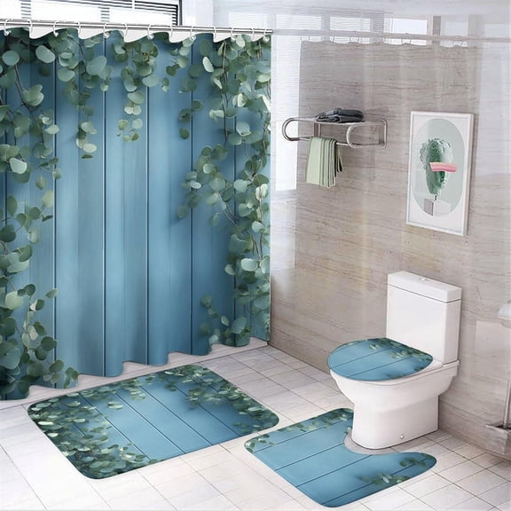 Bathroom Shower Curtain Sets with Rugs, Eucalyptus Leaves Pattern Printed on Bath Sets for Bathroom Accessories, Perfect for Bathroom Hotel Dorm Spa Home, 72 x 72 inches
