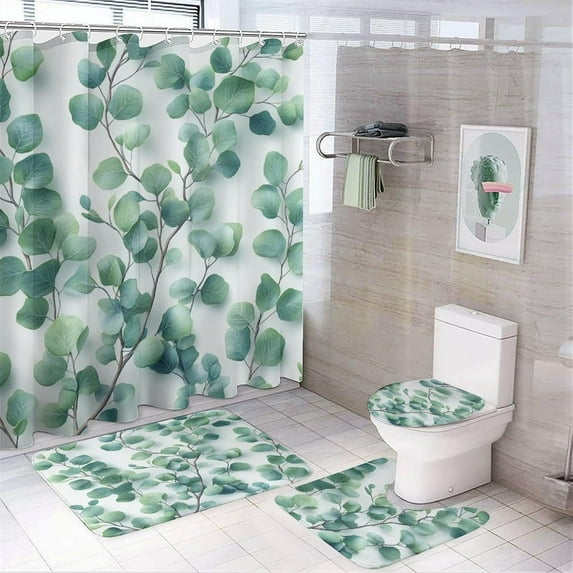 Bathroom Shower Curtain Sets with Rugs, Eucalyptus Leaves Pattern Printed on Bath Sets for Bathroom Accessories, Perfect for Bathroom Hotel Dorm Spa Home, 72 x 72 inches