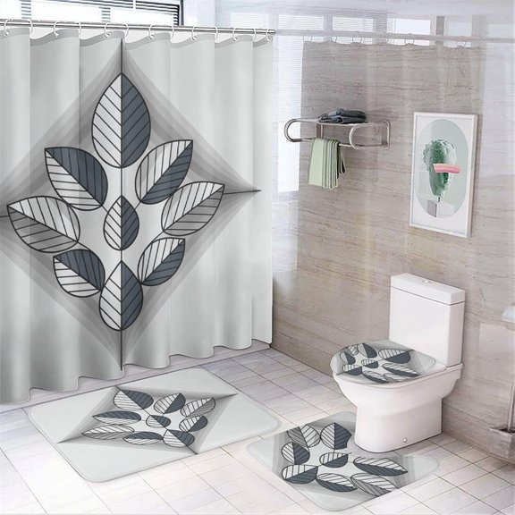 Bathroom Shower Curtain Sets with Rugs, Geometric Leaves Pattern Printed on Shower Curtain Set with Rugs and Accessories, Perfect for Bathroom Hotel Dorm Spa Home, 72 x 72 inches