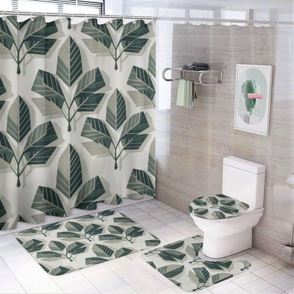 Bathroom Shower Curtain Sets with Rugs, Geometric Leaves Pattern Printed on Shower Curtain Set with Rugs and Accessories, Perfect for Bathroom Hotel Dorm Spa Home, 72 x 72 inches