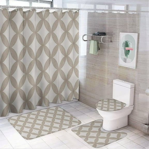Bathroom Shower Curtain Sets with Rugs, Geometric Leaves Pattern Printed on Shower Curtain Set with Rugs and Accessories, Perfect for Bathroom Hotel Dorm Spa Home, 72 x 72 inches