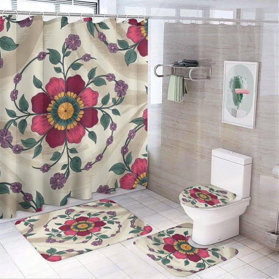Bathroom Shower Curtain Sets with Rugs, Green Leaves Pattern Printed on Bathroom Curtain Sets with Rugs, Great for Master Bath Beach House Modern Home, 72 x 72 inches