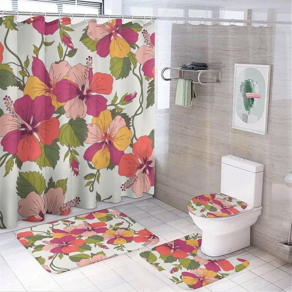 Bathroom Shower Curtain Sets with Rugs, Green Leaves Pattern Printed on Bathroom Curtain Sets with Rugs, Great for Master Bath Beach House Modern Home, 72 x 72 inches