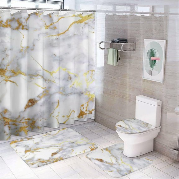 Bathroom Shower Curtain Sets with Rugs, Marble Pattern Printed on Modern Shower Curtains for Bathroom Set, Great for Master Bath Beach House Modern Home, 72 x 72 inches