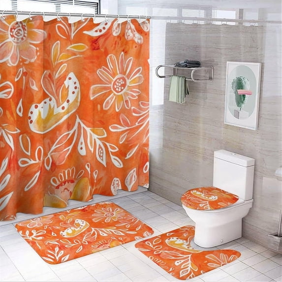 Bathroom Shower Curtain Sets with Rugs, Mustard Yellow Leaf Branch Pattern Printed on Bathroom Shower Curtain Sets with Rugs, Perfect for Bathroom Hotel Dorm Spa Home, 72 x 72 inches