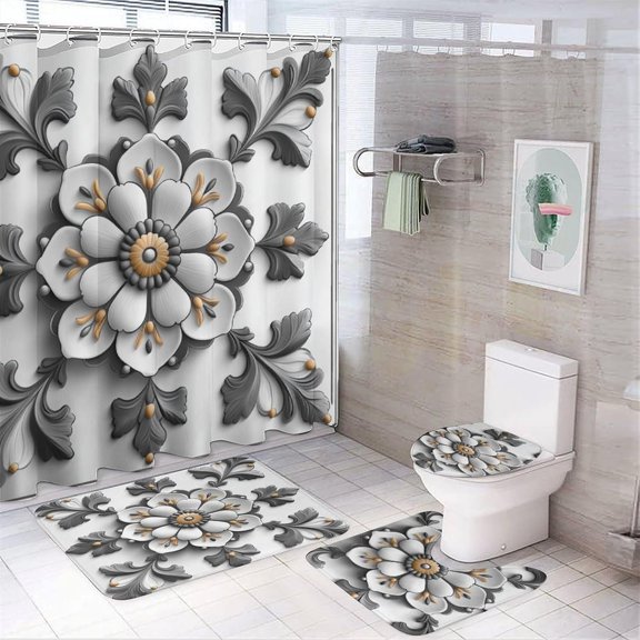 Bathroom Shower Curtain Sets with Rugs, Yellow Leaf Pattern Printed on Bathroom Rugs and Shower Curtain Sets, Great for Master Bath Beach House Modern Home, 72 x 72 inches