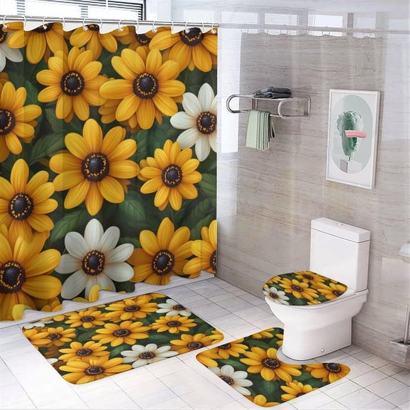 Bathroom Shower Curtain Sets with Rugs, Yellow Leaf Pattern Printed on Bathroom Rugs and Shower Curtain Sets, Great for Master Bath Beach House Modern Home, 72 x 72 inches