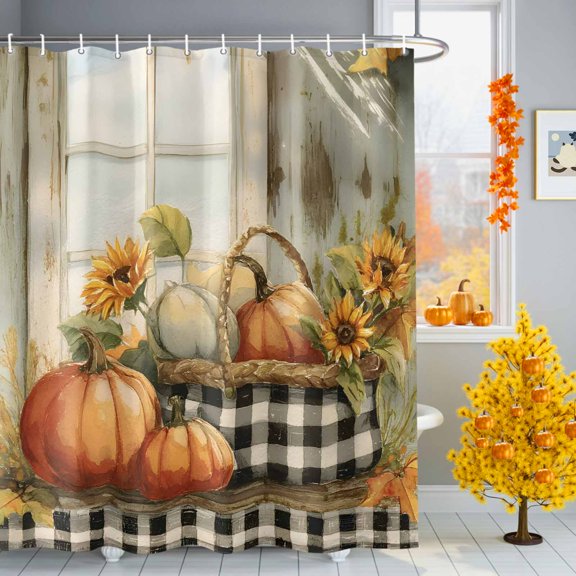 Bathroom Shower Curtain Shabby Chic Old Farm Harvest Waterproof Shower Curtains with Hooks 36x72in, Retro Pumpkin Sunflower Bath Curtains Bathtub Curtain Home Decor