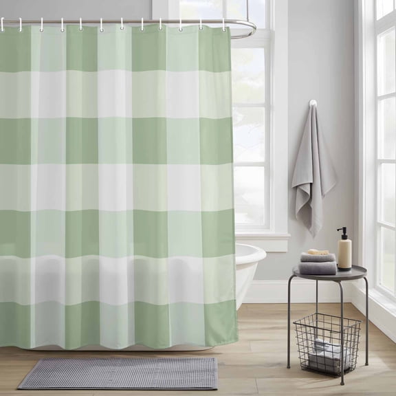 Bathroom Shower Curtain Simple White Green Buffalo Plaid Waterproof Shower Curtains with Hooks, Spring Checker Gingham Bath Curtains Bathtub Curtain Home Decor 36x72in