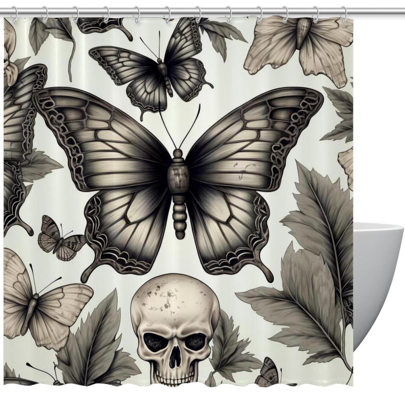 Bathroom Shower Curtain Skull Butterfly Retro, Waterproof Fabric Shower
