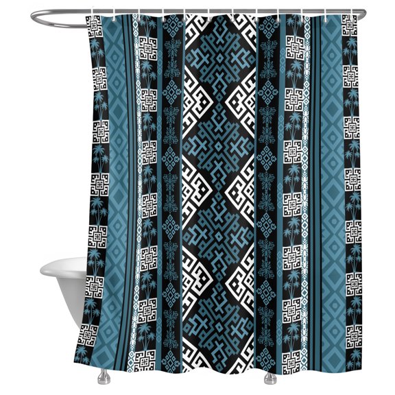 Bathroom Shower Curtain Southwestern Aztec Blue Geometric Waterproof Shower Curtains with Hooks, Vintage Tribal Pattern