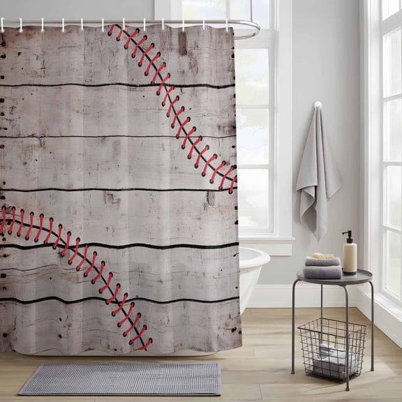 Bathroom Shower Curtain Sports Baseball Texture Red Lines Waterproof Shower Curtains with Hooks, Farm Wooden Plank Bath Curtains Bathtub Curtain Home Decor 36x72in