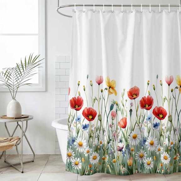 Bathroom Shower Curtain Spring Colorful Wild Flowers Waterproof Shower Curtains with Hooks, Pastoral Watercolor Daisy Bud Bath Curtains Bathtub Curtain Home Decor 36x72in