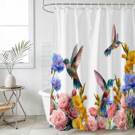 Bathroom Shower Curtain Spring Garden Flower Hummingbird Waterproof Shower Curtains with Hooks, Watercolor Blossom Floral Bath Curtains Bathtub Curtain Home Decor 36x72in