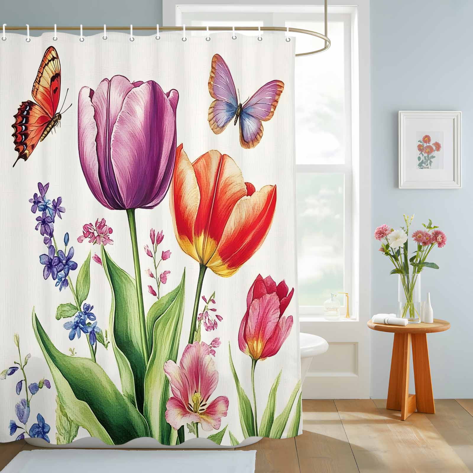 Bathroom Shower Curtain Spring Pastoral Blooming Tulips Waterproof ...