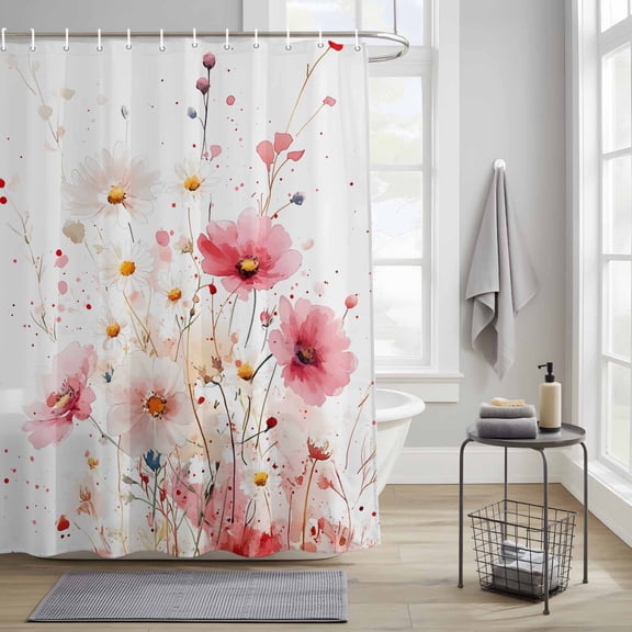 Bathroom Shower Curtain Spring Pink Floral Waterproof Shower Curtains with Hooks, Abstract Flower Hand Painted Bath Curtains Bathtub Curtain Home Decor 36x72in