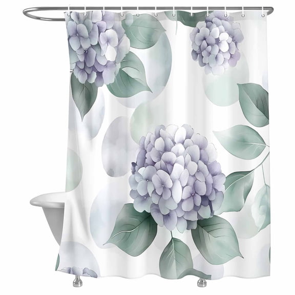Bathroom Shower Curtain Spring Purple Hydrangea Flower Waterproof Shower Curtains with Hooks, Watercolor Green Leaves Bath Curtains Bathtub Curtain Home Decor 72x72in