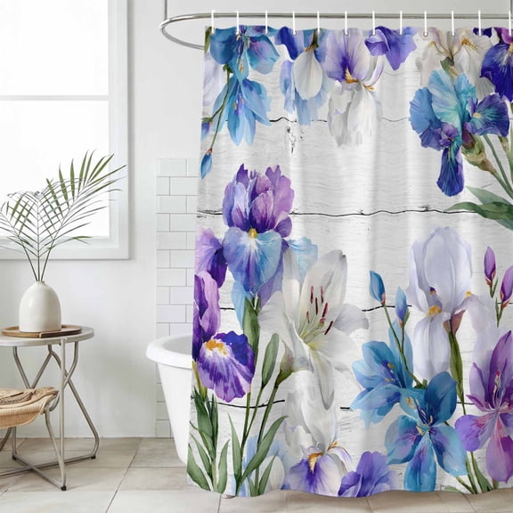 Bathroom Shower Curtain Spring Watercolor Iris Lily Flower Waterproof Shower Curtains with Hooks, Floral on Farm Wood Grain Bath Curtains Bathtub Curtain Home Decor 36x72in
