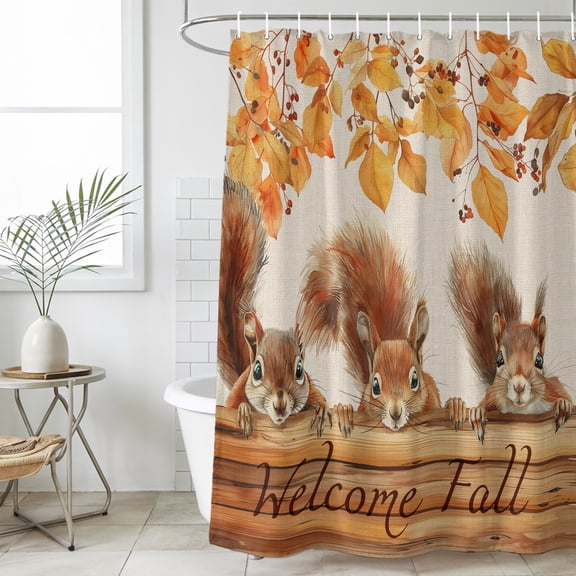 Bathroom Shower Curtain Squirrel Autumn Tree Deciduous Farm Animal Waterproof Shower Curtains with Hooks, Vintage Wood Board Bath Curtains Bathtub Curtain Home Decor 36x72in