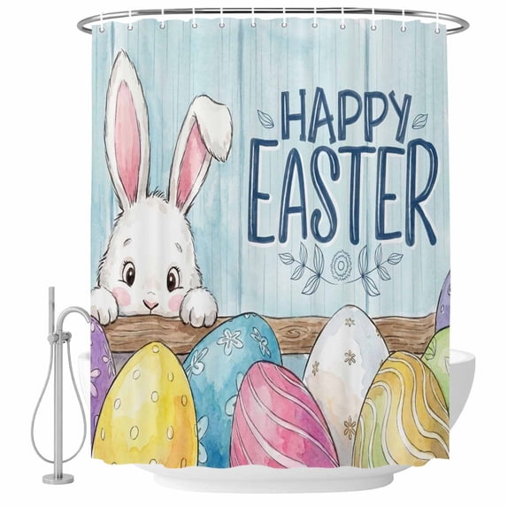 Bathroom Shower Curtain Stripe Easter Eggs Cute Rabbits Waterproof Shower Curtains with Hooks, Vintage Blue Wood Board Bath Curtains Bathtub Curtain Home Decor 60x72in