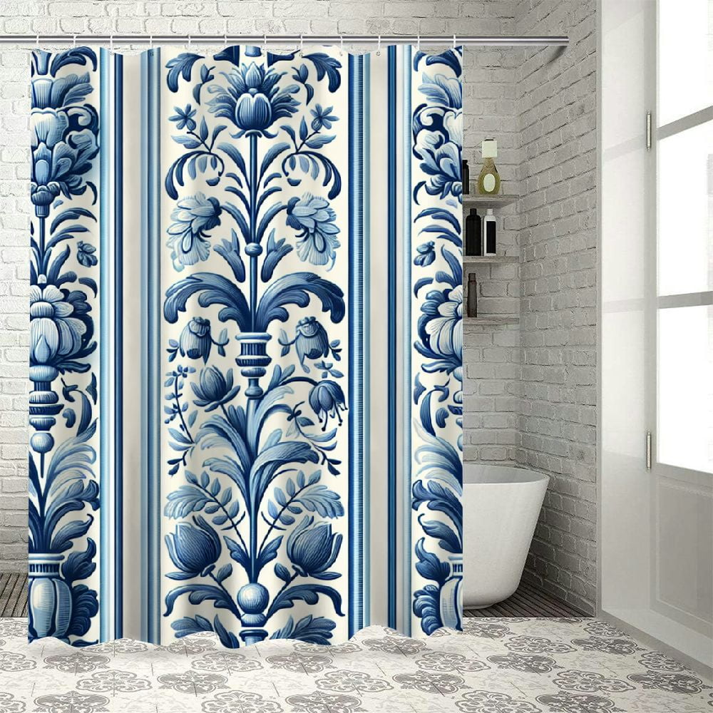 Bathroom Shower Curtain Striped Vintage Beauty Floral Pattern in Blue ...