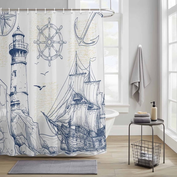 Bathroom Shower Curtain Summer Coastal Retro Lighthouse Waterproof Shower Curtains with Hooks, Sailboat Compass Anchor Bath Curtains Bathtub Curtain Home Decor 36x72in
