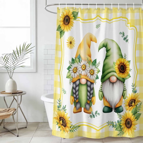 Bathroom Shower Curtain Summer Gnome Sunflower Leaf Waterproof Shower Curtains with Hooks, Yellow Plaid Pastoral Plant Bath Curtains Bathtub Curtain Home Decor 36x72in