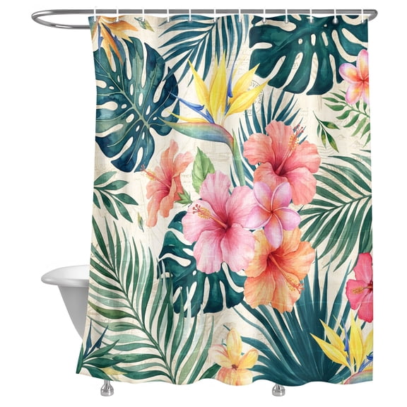 Bathroom Shower Curtain Summer Monstera Tropical Leaves Waterproof Shower Curtains with Hooks, Watercolor Pink Blossom Bath Curtains Bathtub Curtain Home Decor 72x72in