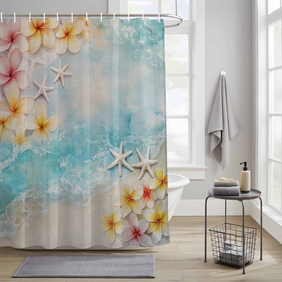Bathroom Shower Curtain Summer Ocean Beach Flowers Waterproof Shower Curtains with Hooks, Starfish on Linen Bath Curtains Bathtub Curtain Home Decor 36x72in