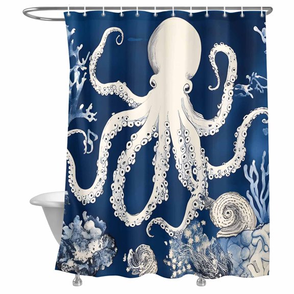 Bathroom Shower Curtain Summer Ocean Octopus Coral Conch Waterproof Shower Curtains with Hooks, Marine Theme Navy Blue