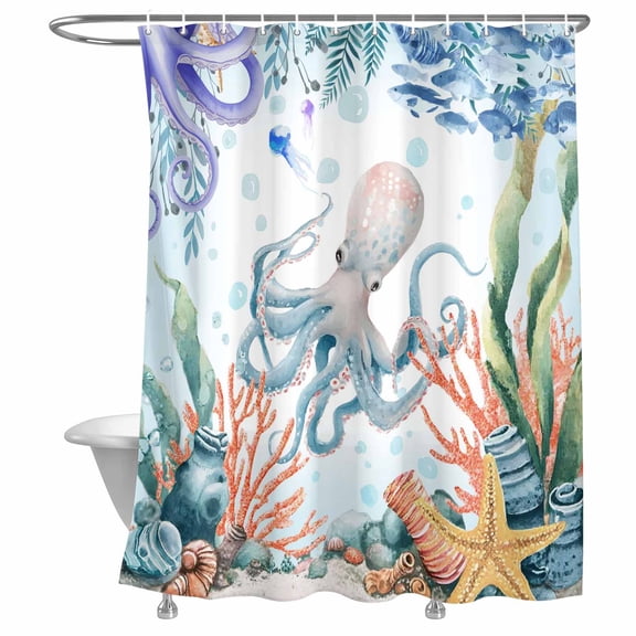 Bathroom Shower Curtain Summer Ocean Octopus Coral Waterproof Shower Curtains with Hooks, Watercolor Coral Seaweed Shell Bath Curtains Bathtub Curtain Home Decor 72x72in