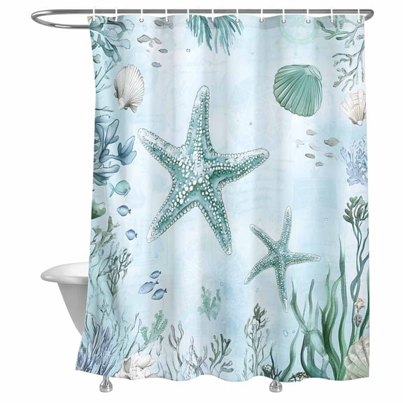 Bathroom Shower Curtain Summer Ocean Starfish Shell Waterproof Shower Curtains with Hooks, Coral Seaweed Underwater World Bath Curtains Bathtub Curtain Home Decor 72x72in