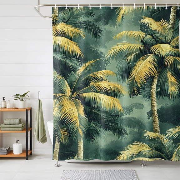 Bathroom Shower Curtain Summer Palm Tree Forest Scenery Waterproof Shower Curtains with Hooks, Retro Green Tropical Plant Bath Curtains Bathtub Curtain Home Decor 48x72in