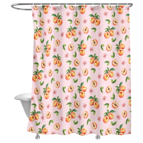 Bathroom Shower Curtain Summer Peaches on Pink Background Waterproof Shower Curtains with Hooks, Watercolor Flower