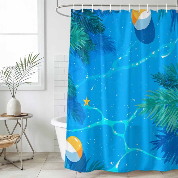 Bathroom Shower Curtain Summer Pool Water Palm Leaves Waterproof Shower Curtains with Hooks, Beach Balls Starfish Bath Curtains Bathtub Curtain Home Decor 36x72in