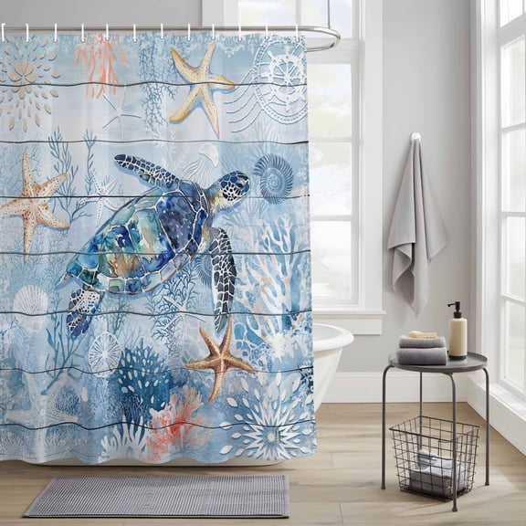 Bathroom Shower Curtain Summer Sea Turtle Starfish Coral Waterproof Shower Curtains with Hooks, Blue Ocean World Bath Curtains Bathtub Curtain Home Decor 36x72in