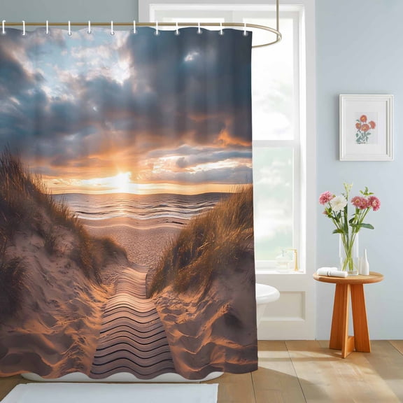 Bathroom Shower Curtain Summer Seaside Beach Sunset Boardwalk Waterproof Shower Curtains with Hooks, Ocean Water Bath Curtains Bathtub Curtain Home Decor 72x84in
