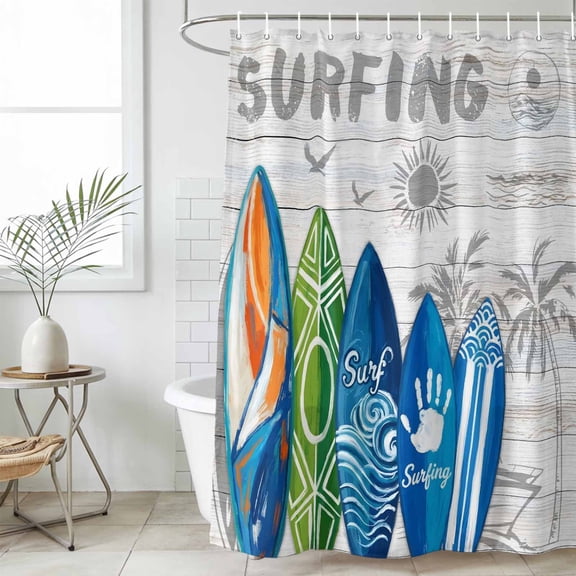 Bathroom Shower Curtain Summer Surfing Tropical Surfboard Palm Tree Waterproof Shower Curtains with Hooks, Wood Board Bath Curtains Bathtub Curtain Home Decor 36x72in