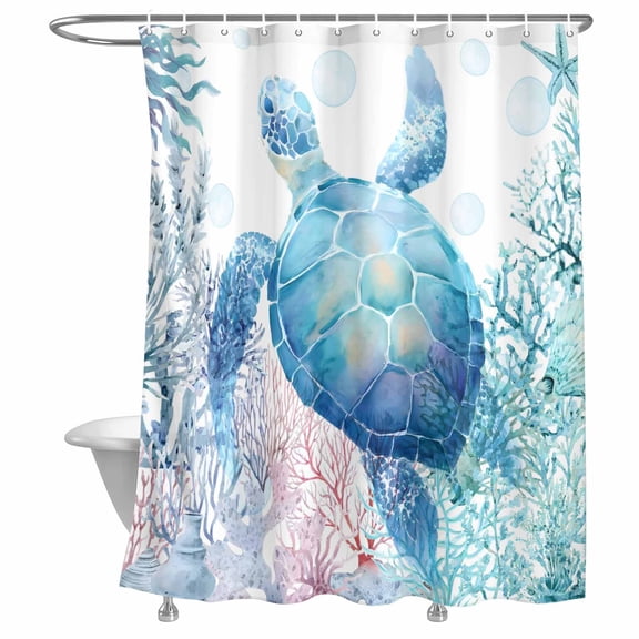 Bathroom Shower Curtain Summer Watercolor Blue Sea Turtles Waterproof Shower Curtains with Hooks, Marine Life Corals Bath Curtains Bathtub Curtain Home Decor 72x72in