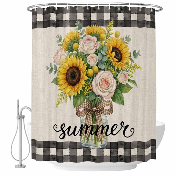 Bathroom Shower Curtain Summer Words Farm Sunflowers Waterproof Shower Curtains with Hooks, Vintage Floral Black Plaid Bath Curtains Bathtub Curtain Home Decor 60x72in