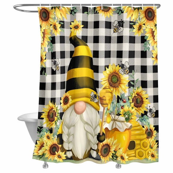 Bathroom Shower Curtain Sunflower Dwarf Bee Green Leaves Waterproof Shower Curtains with Hooks, Black White Checkered Bath Curtains Bathtub Curtain Home Decor 72x72in