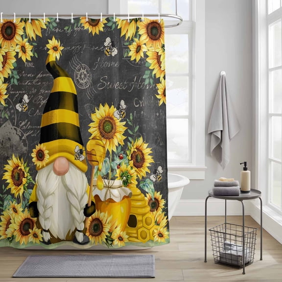 Bathroom Shower Curtain Sunflower Dwarf Honey Bee Waterproof Shower Curtains with Hooks, Farmhouse Flower Leaves Bath Curtains Bathtub Curtain Home Decor 36x72in