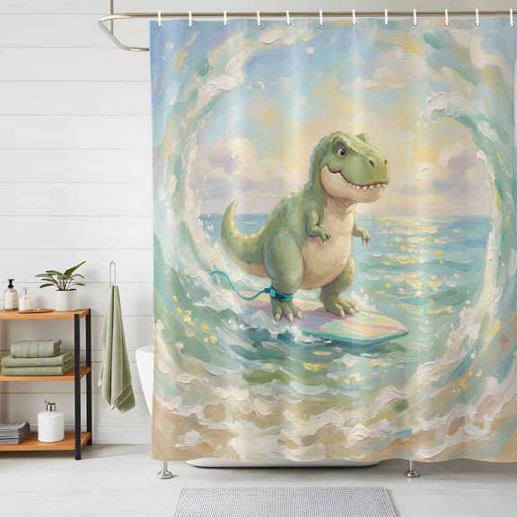 Bathroom Shower Curtain Surfing Dinosaur Beach Art Waterproof Shower Curtains with Hooks, Watercolor Sunset Beach Bath Curtains Bathtub Curtain Home Decor 48x72in