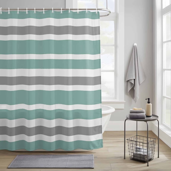 Bathroom Shower Curtain Teal Grey White Stripes Waterproof Shower Curtains with Hooks, Minimalist Striped Bath Curtains Bathtub Curtain Home Decor 36x72in