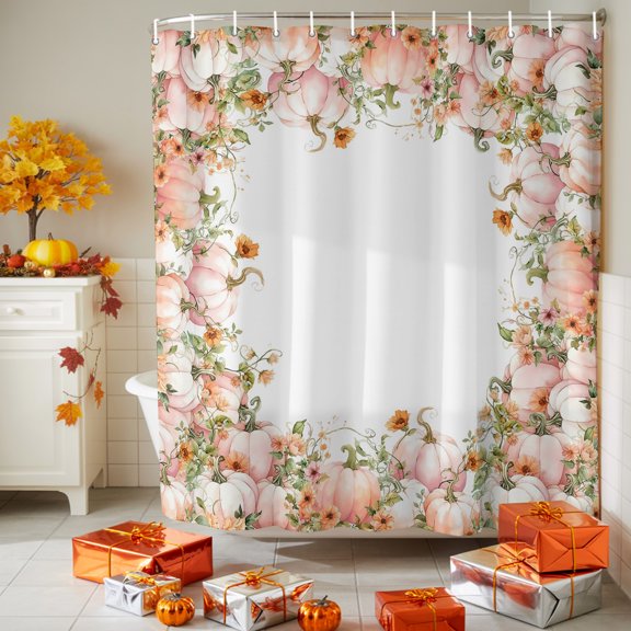 Bathroom Shower Curtain Thanksgiving Autumn Pink Pumpkin Waterproof Shower Curtains with Hooks 72x96in, Blossom Floral Leaves on White Bath Curtains Bathtub Curtain Home Decor