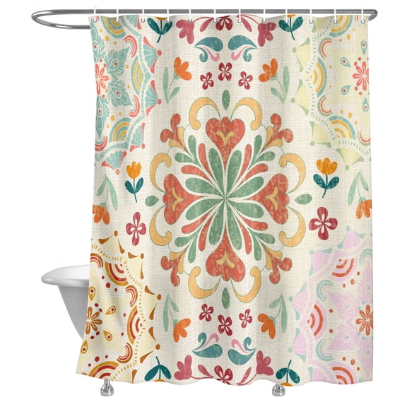 Bathroom Shower Curtain Turkey Floral Pattern Waterproof Shower Curtains with Hooks, Retro Bohemian Art