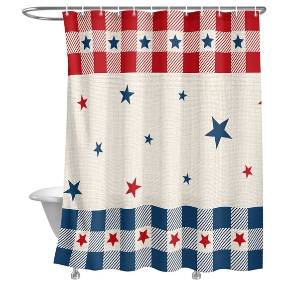 Bathroom Shower Curtain USA Independence Day Red Blue Buffalo Tartan Waterproof Shower Curtains with Hooks, Rustic Stars Patriotic Bath Curtains Bathtub Curtain Home Decor 72x72in