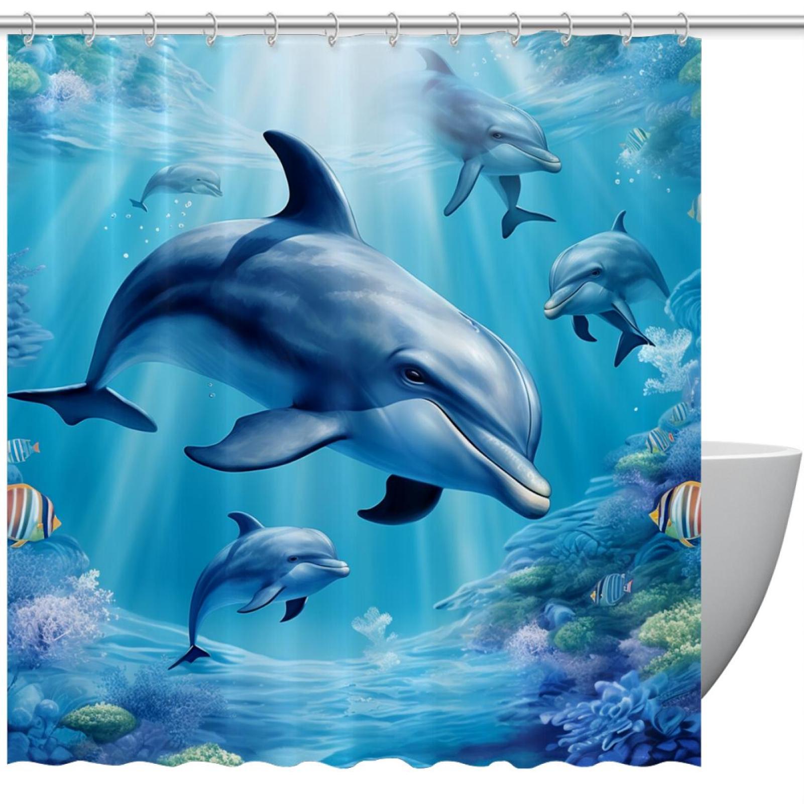 Bathroom Shower Curtain Underwater Dolphin Fish, Waterproof Fabric