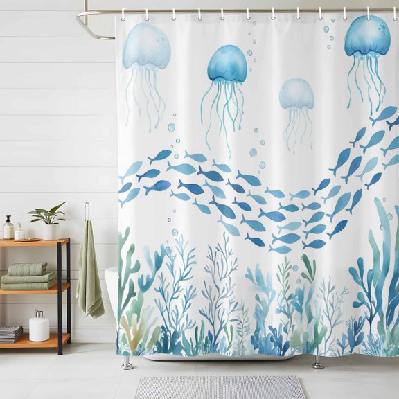 Bathroom Shower Curtain Underwater Life Octopus Fish Seaweed Waterproof Shower Curtains with Hooks, Marine Theme Coral Bath Curtains Bathtub Curtain Home Decor 48x72in