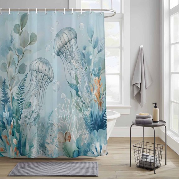 Bathroom Shower Curtain Underwater World Jellyfish Coral Waterproof Shower Curtains with Hooks, Watercolor Marine Seaweed Bath Curtains Bathtub Curtain Home Decor 36x72in